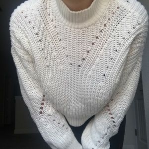White Mock Neck Longsleeve Crochet Cropped Sweater